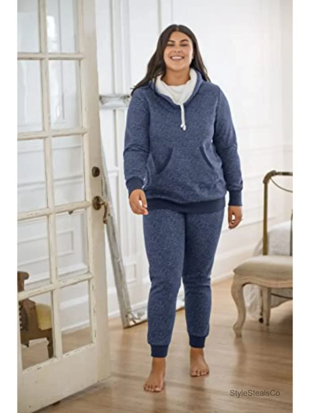 Women's Sherpa Fleece Cowl Neck Pajama Set - PajamaGram Lounge Set - Cotton